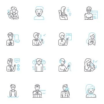Fearful emotions linear icons set. Dread, Fright, Terror, Horror, Panic, Unease Stock Illustration