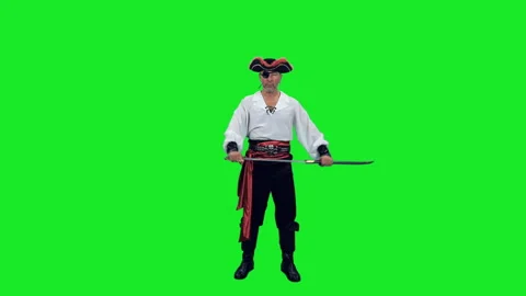 Fearless pirate captain with an eye patch standing with sword on green screen Stock Footage 304552791