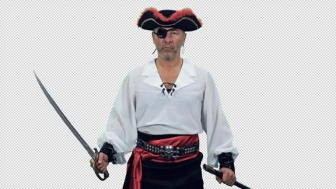 Fearless pirate captain with an eye patch standing with sword, alpha channel in Stock Footage 305792990