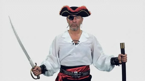 Fearless pirate with an eye patch standing with sword, alpha channel in Stock Footage 305792986