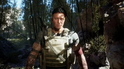 A fearless soldier encounters a terrifying unexplored monster in the jungle. The Stock Illustration