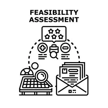 Feasibility assessment process analyzing project potential, reviewing busines 库存插图