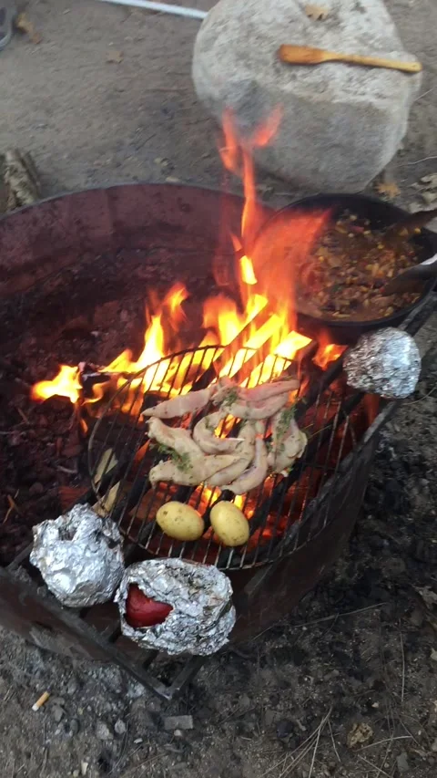 Feast Cooked over Camp Fire Stock Footage 169010389