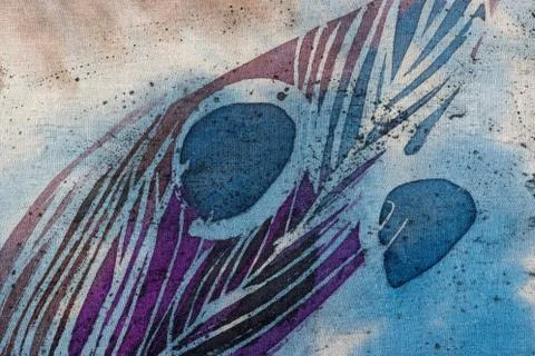 Feather and drops, hot batik, background texture, handmade on silk Stock Illustration