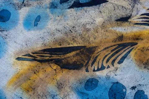 Feather and drops, hot batik, background texture, handmade on silk Stock Illustration