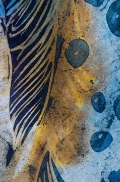 Feather and drops, hot batik, background texture, handmade on silk Stock Illustration