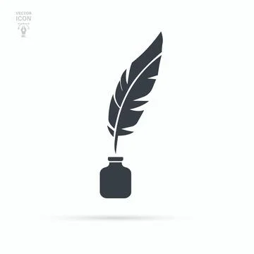 Feather and ink bottle icon. Black inkwell. Illustration