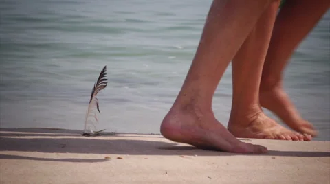 Feather in Beach Sand Whit Waves and People Feet Walking Background (Shot 3) Stock Footage 53702952
