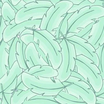 Feather of bird. Seamless pattern green plume. Pastel wallpaper. Stock Illustration