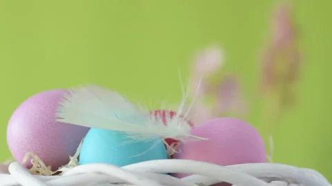 Feather falling on colorful easter eggs Stock Footage 148287833