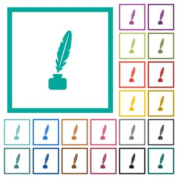 Feather in ink bottle flat color icons with quadrant frames Stock Illustration