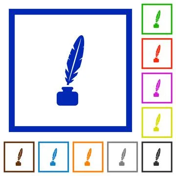 Feather in ink bottle flat framed icons Stock Illustration