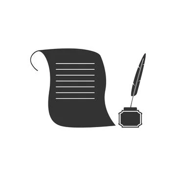 Feather in the inkwell and paper scroll icon isolated. Flat design. Vector Ilustración de archivo