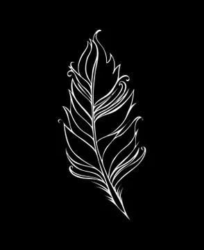 Feather isolated on black background. Vector illustration. White Lined drawing Stock Illustration