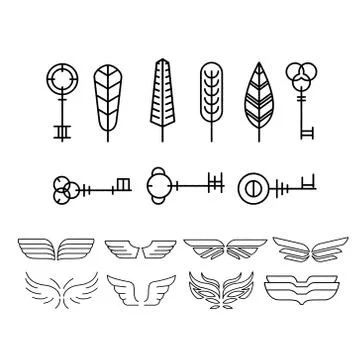 Feather, key and wing Set in Linear Style, Vector Illustration Illustrazione stock