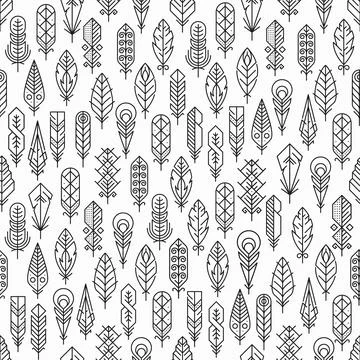 Feather line icons seamless pattern or ornament Stock Illustration