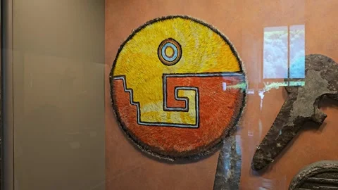 Feather Mosaic Shield and Stone Blades in Case, Mexico 8K Stock-Footage 340368977