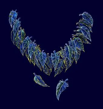 Feather necklace, abstract composition on dark blue background. Color drawing on Stock Illustration