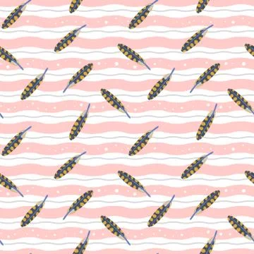 Feather pattern on blush pink wonky stripes Stock Illustration