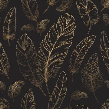 Feather pattern. Seamless texture with hand drawn bird quills. Golden plumage Illustrazione stock