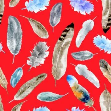 Feather pattern Watercolor seamless pattern with feathers. Stock Illustration