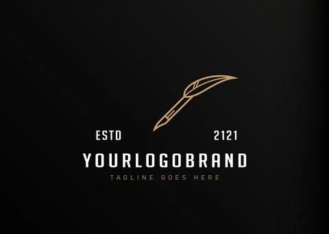 Feather pen logo design. Vector illustration of pen with feather monoline des 스톡 일러스트