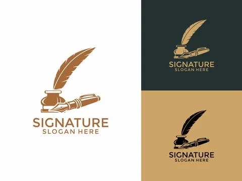 Feather pen logo design vector, Feather pen signature logo design template Illustrazione stock