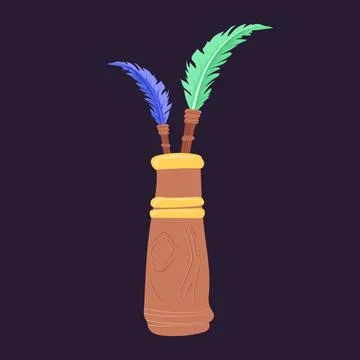 Feather pens in container in flat design. Old handwriting tools with plume... Stock Illustration
