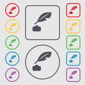 Feather, Retro pen icon sign. symbol on the Round and square buttons with fra Stock Illustration
