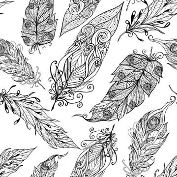 Feather seamless doodle black pattern Stock Illustration