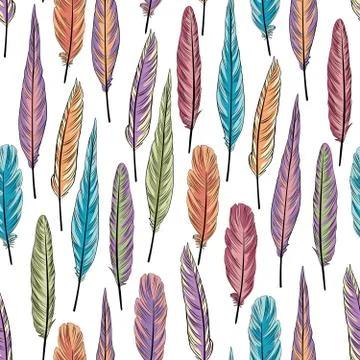 Feather seamless pattern. Birds feathers over white background Ilustração Stock