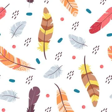 Feather seamless pattern. Color feathers print, pastel rustic decorative Stock Illustration