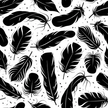 Feather seamless pattern. Curved feathers silhouettes, graphic simple shapes pen 스톡 일러스트