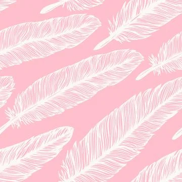 Feather seamless pattern. Hand drawn background with white doodle feathers on 스톡 일러스트