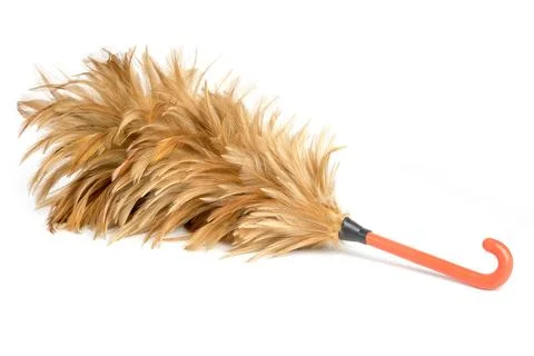 Feather soft duster with plastic handle on white background Stock Photos