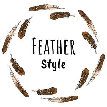 Feather style wreath circle composition. Freehand comic style quills. Vector Stock Illustration
