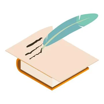 Feather writing icon isometric vector. Old feather write on paper sheet and book Stock Illustration