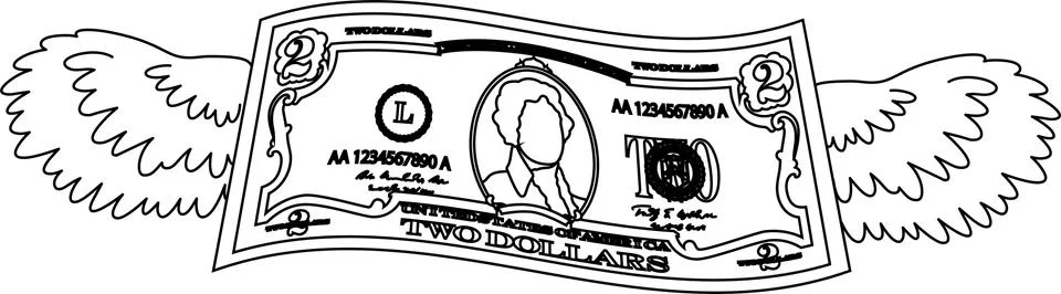 Feathered Deformed 2 dollars note outline Stock Illustration