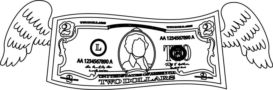 Feathered Deformed 2 dollars note outline Stock Illustration