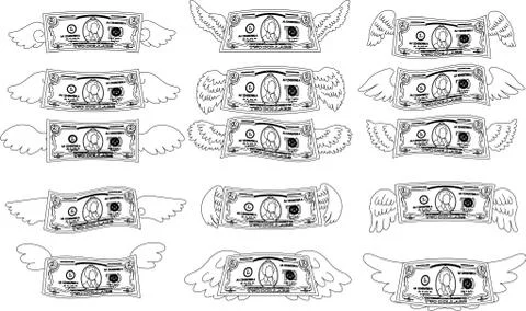 Feathered Deformed 2 dollars note outline set Stock Illustration