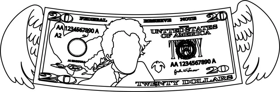 Feathered Deformed 20 dollars note outline Stock Illustration