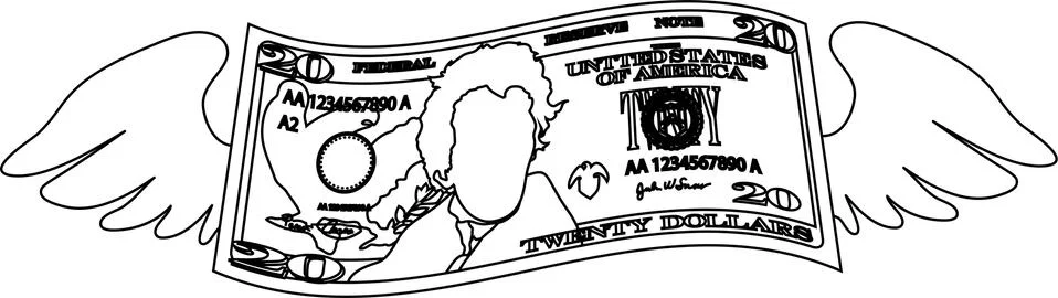 Feathered Deformed 20 dollars note outline Stock Illustration