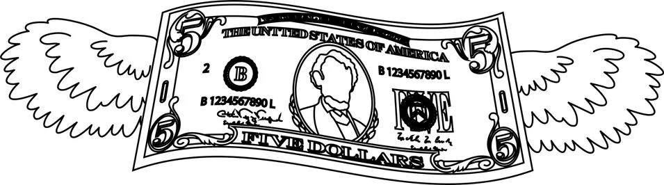 Feathered Deformed 5 dollars note outline Stock Illustration