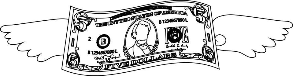 Feathered Deformed 5 dollars note outline Stock Illustration