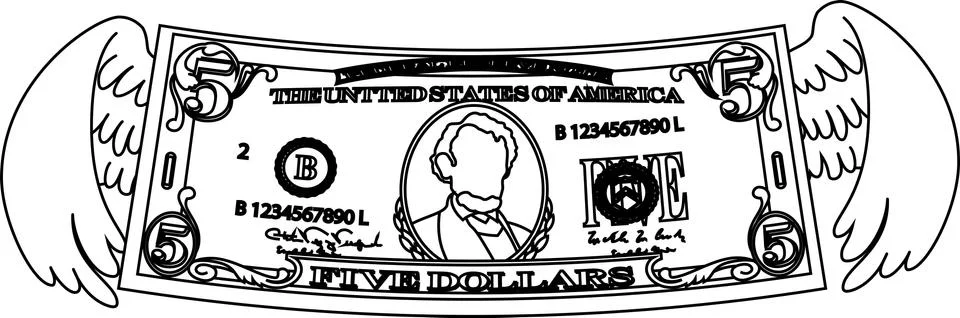 Feathered Deformed 5 dollars note outline Stock Illustration