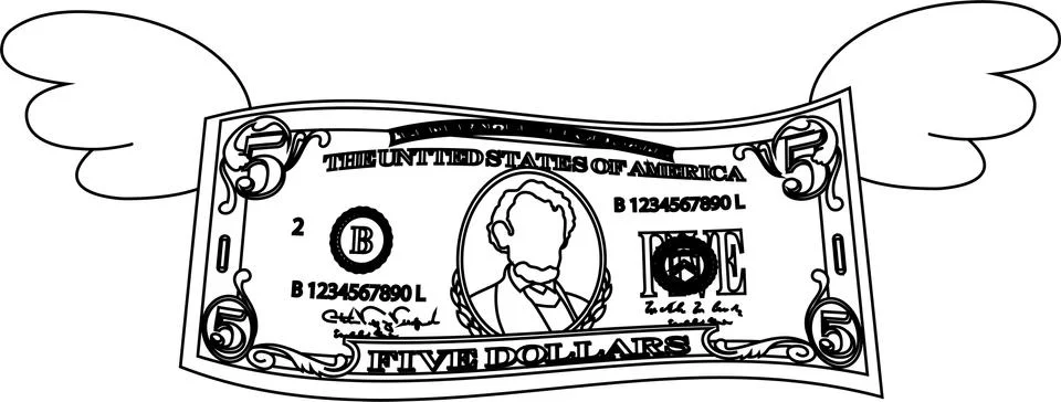 Feathered Deformed 5 dollars note outline Stock Illustration