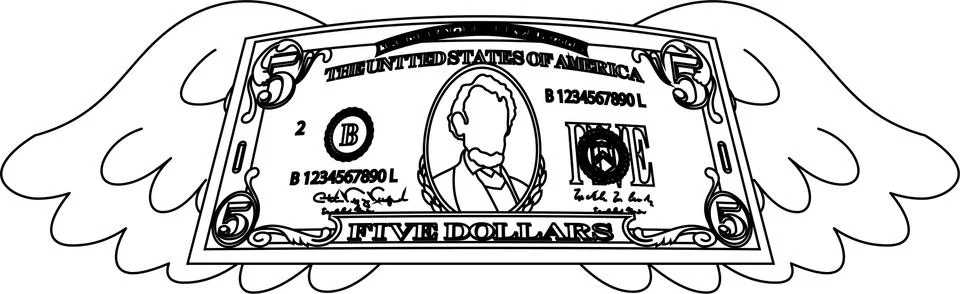 Feathered Deformed 5 dollars note outline Stock Illustration