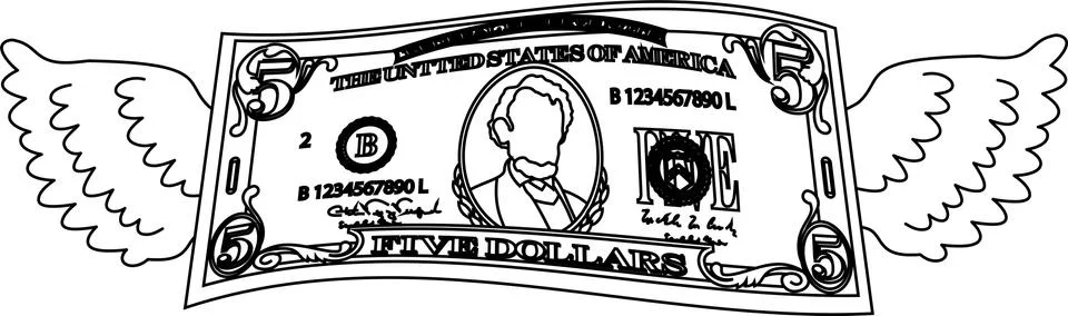 Feathered Deformed 5 dollars note outline Stock Illustration