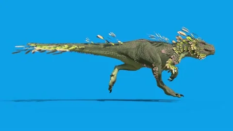 Feathered Dinosaur Trex Runcycle Loop Blue Screen Side 3D Rendering Animatio Stock Footage 146316316