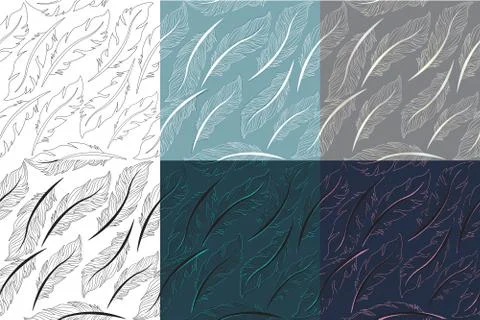 Feathers Bird seamless pattern set. Retro, doodle style. Feather endless ba.. Stock Illustration